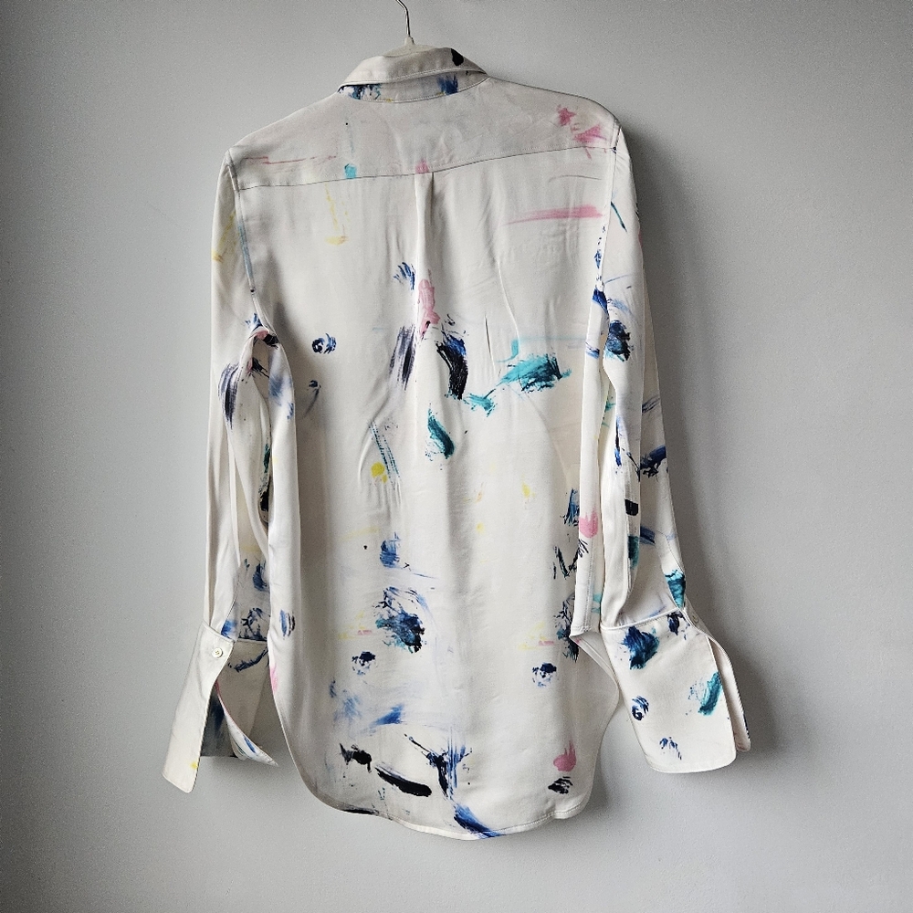 Kerri Rosenthal Silver White Paint Splatter Long Cuff Sleeve Button Down Blouse - Picture 4 of 14